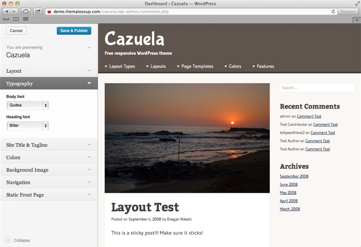 Cazuela, Theme Customizer