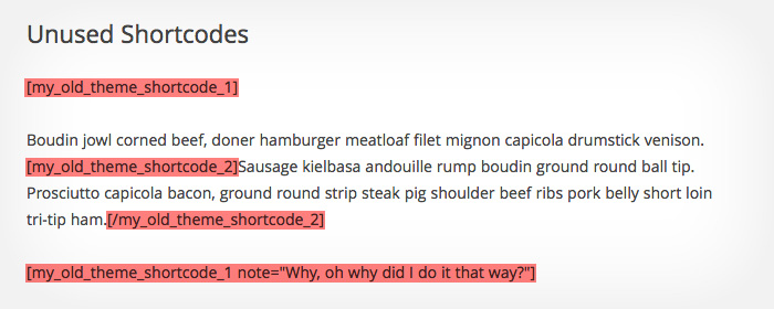A WordPress page cluttered with unused shortcodes