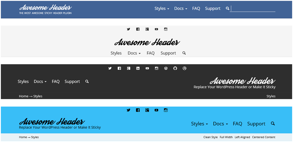 Header, replaces your WordPress header or makes it sticky.