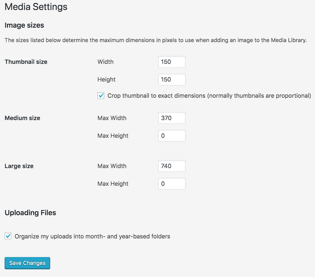 Media Settings in WordPress Dashboard